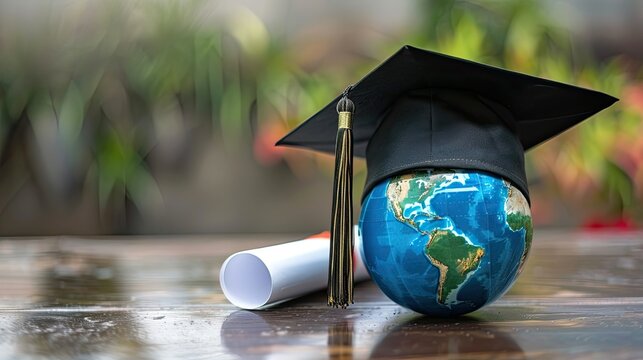 A graduation cap and diploma sit on a table with a globe in the center