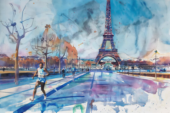 Abstract Watercolor Eiffel Tower. The bright splashes of colour symbolize the joy and spirit of the Olympics