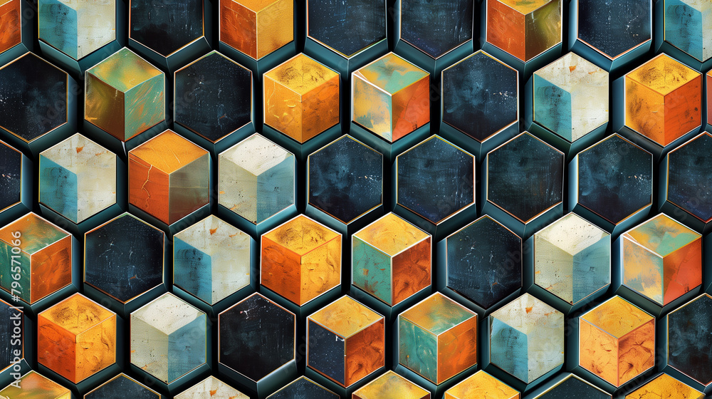 Fototapete abstract blue background with a seamless pattern of 3d cubes,colorful geometric triangle mosaic text