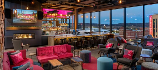 Cityscape rooftop bar offering stunning urban vistas, ideal for savoring sunset cocktails
