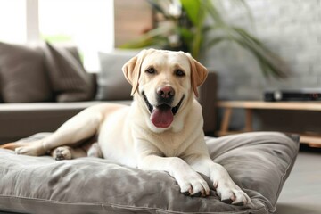 happy labrador dog lying on soft cushion in modern living room at home