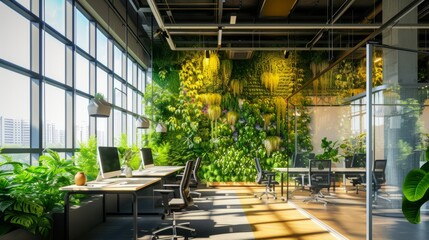 Interior of green office with many different plants and vertical gardens, concept of eco friendship with business
- 796571098