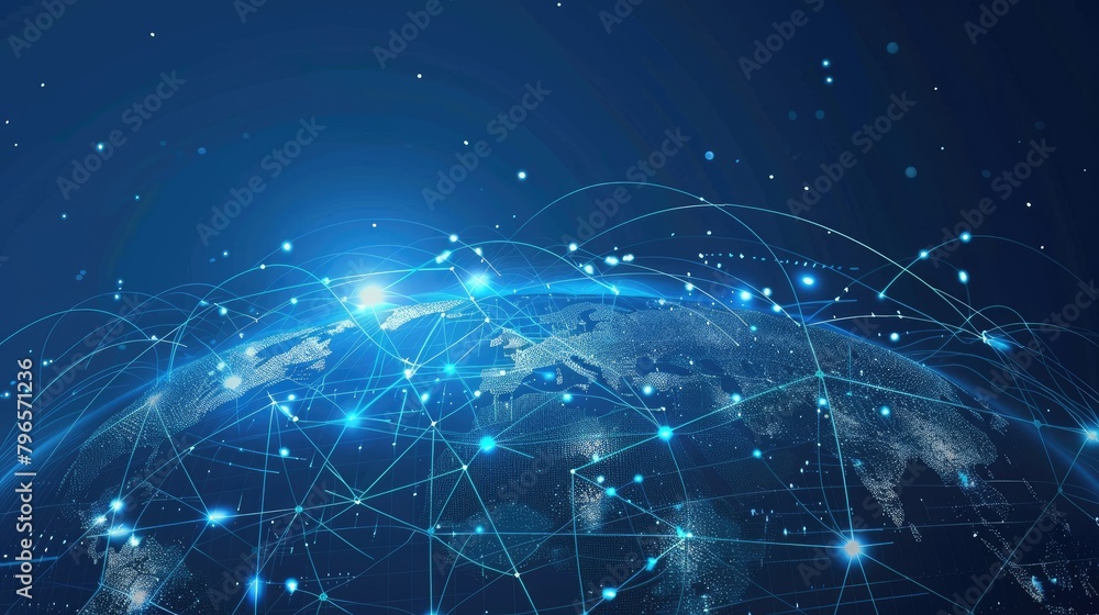 Poster a blue and white image of a planet with a network of lines connecting it