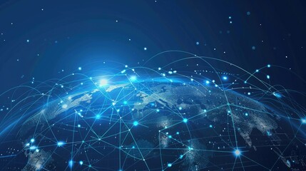 A blue and white image of a planet with a network of lines connecting it