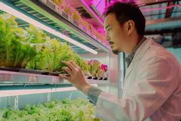 Asian man scientist looks at plots of organic hydroponic vegetables being grown in an indoor vertical farm. The concept of analysis, research and development of the future of agriculture - 796571237
