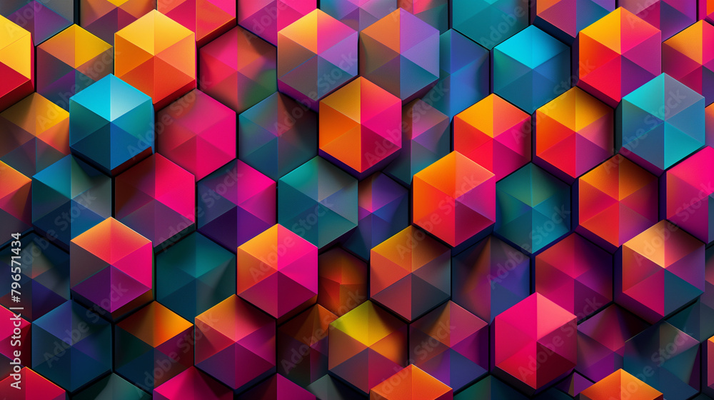 Fototapete Abstract blue background with a seamless pattern of 3D cubes,Colorful Geometric Triangle Mosaic Texture Art