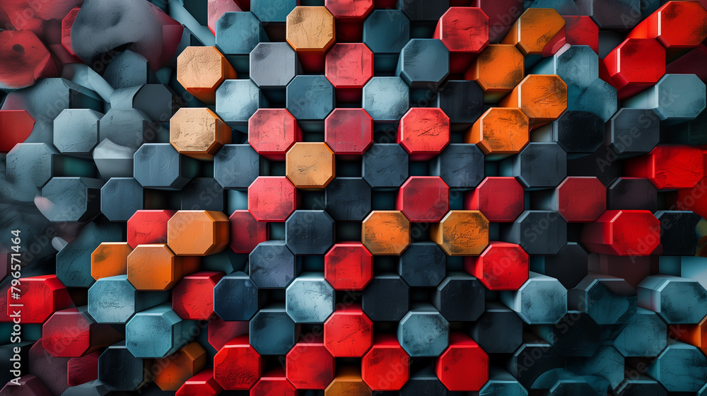 Fototapete Abstract blue background with a seamless pattern of 3D cubes,Colorful Geometric Triangle Mosaic Texture Art