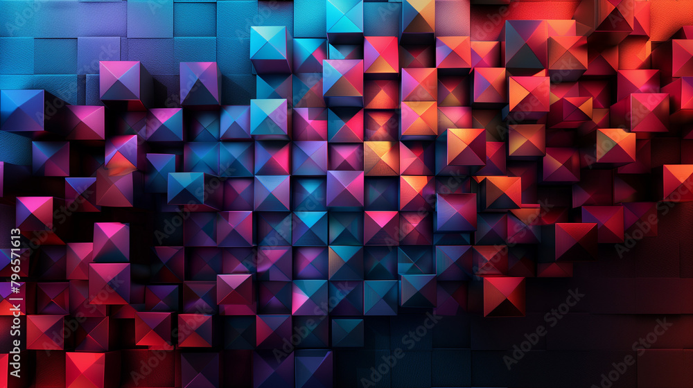 Fototapete Abstract blue background with a seamless pattern of 3D cubes,Colorful Geometric Triangle Mosaic Texture Art