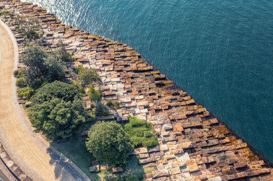 Barangaroo Waterfront Sydney. Harbor shore - view of the ocean. Australia.