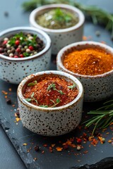 Assorted exotic spices in ceramic bowls