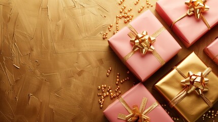 Elegant gift boxes in pink and gold, decorated with golden bows on a textured golden background.