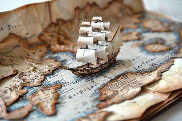 Miniature sailing ship on vintage map - obrazy, fototapety, plakaty