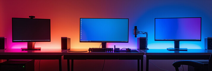 Cyberpunk gamer workspace with computer on the desk and RGB lights