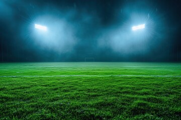 Fototapeta na wymiar Green football feild with 2 open spotlights outdoors stadium nature