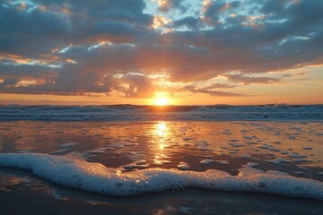 Fall sunset at the beach with seawaves sky outdoors horizon - obrazy, fototapety, plakaty