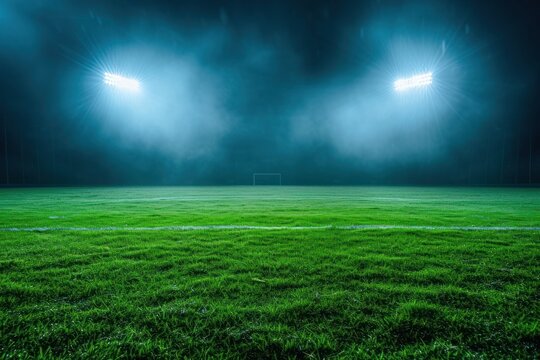 Green football feild with 2 open spotlights outdoors stadium nature