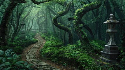 A forest path with a stone lantern on each side