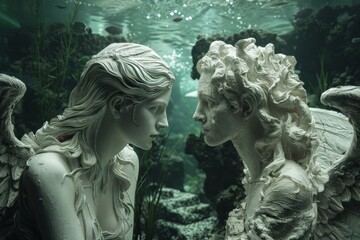Obraz premium Enigmatic underwater angel statues facing each other