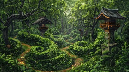 A lush green forest with a winding path and a series of small houses