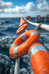 Lifebuoys attached to ship's railing at sea