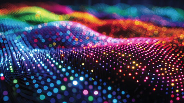 An intricate view of a quantum dot display revealing multiple layers of tiny precisely arranged dots. Each layer emits a different color and when combined create the complete