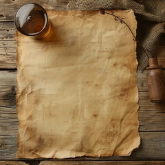 Empty Aged Paper on Wooden Table with Glass of Tea Background