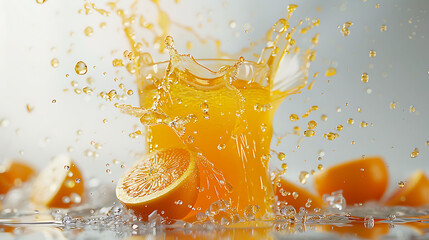 Orange juice with fruit pieces splash on white background 