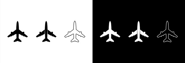 Airplane travel, set of icons on black and white background.