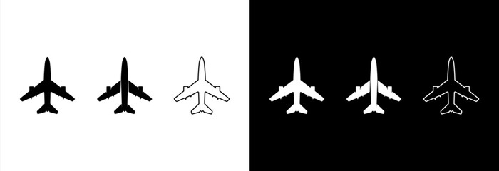 Fototapeta premium Airplane travel, set of icons on black and white background.