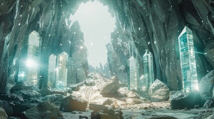 A cave with many crystal pillars and a large crystal pillar in the center