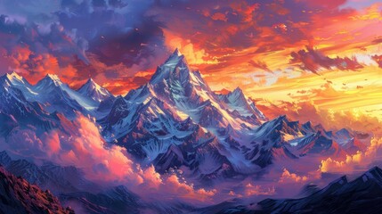 A painting of a mountain range with a sunset in the background