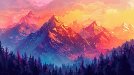 A mountain range with a blue sky and a pink sunset