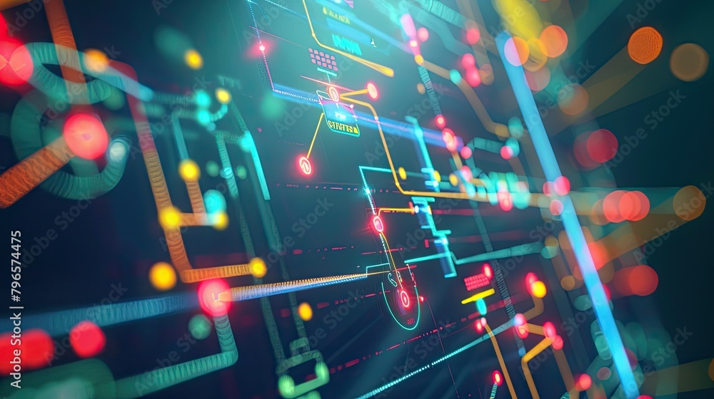 Poster a colorful computer screen with many lines and dots
