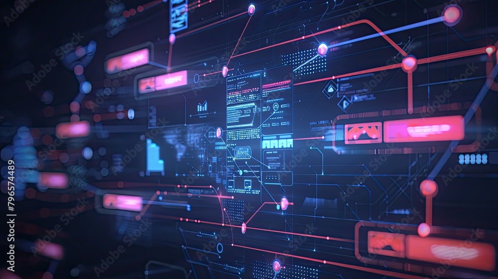 Poster a computer screen with a lot of red and blue lines and dots