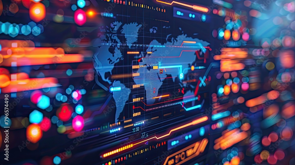 Poster a computer screen shows a colorful, abstract representation of the world