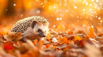 Adorable hedgehog wandering through autumn leaves with golden light backdrop. Perfect for seasonal themes. Photograph style, wildlife subject. AI
