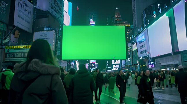sponsor board in densely populated city center at night people walking around with green sponsor board display, green sponsor board display mockup.