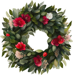 Watercolor green wreath with red flowers