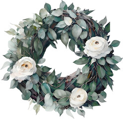 Watercolor eucalyptus wreath with white flowers