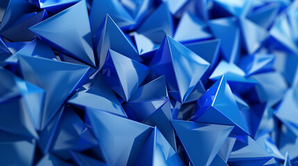 Cerulean blue shapes against a background of triangles.