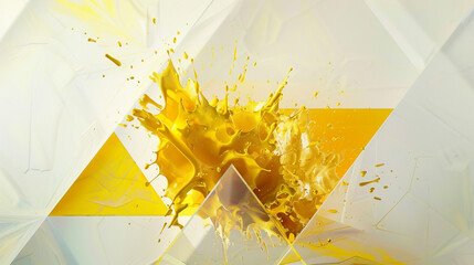 Chaotic yet harmonious composition of yellow paint exploding from triangular prism facets against a triangular background. - obrazy, fototapety, plakaty