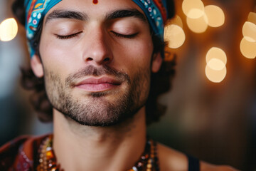 Close up portrait of young man sits with her eyes closed relaxingly praying, meditating in the room,  mental health and relaxation concept - 796575818