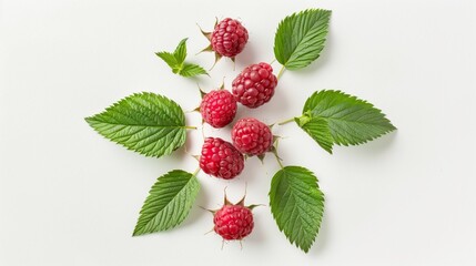 Fresh raspberries with leaves spread artistically on a white background, viewed from above.