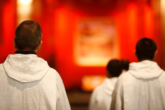 Protestant  church. Taize community. Monks praying.