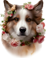 Watercolor cute beautiful dog with flowers