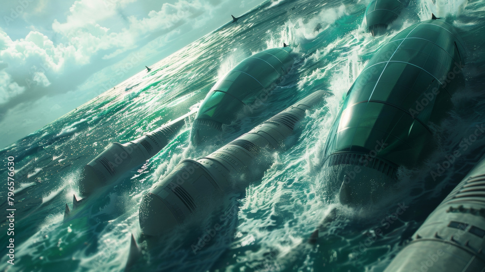 Poster hundreds of sleek streamlined turbines bob up and down in the ocean taking advantage of the constant
