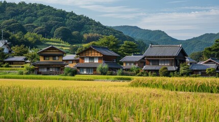 Obraz premium A small village with houses and a field of rice