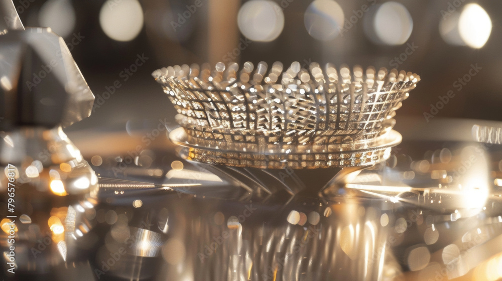 Poster an upclose image of a 3d print with a shiny metallic finish. this revolutionary material is not only