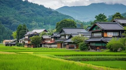 A row of houses with a green field in between