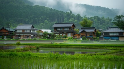 Obraz premium A small village with houses and a pond